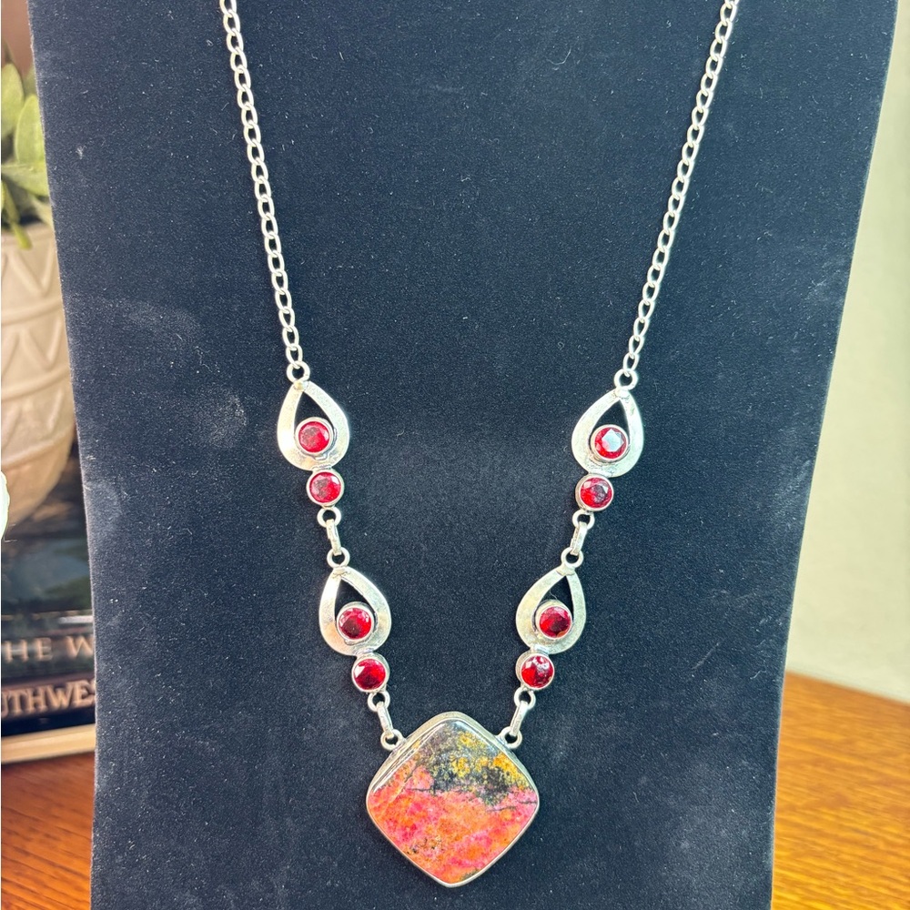 .925 Silver Overlay Necklace with Garnet and Rhodochrosite Accents